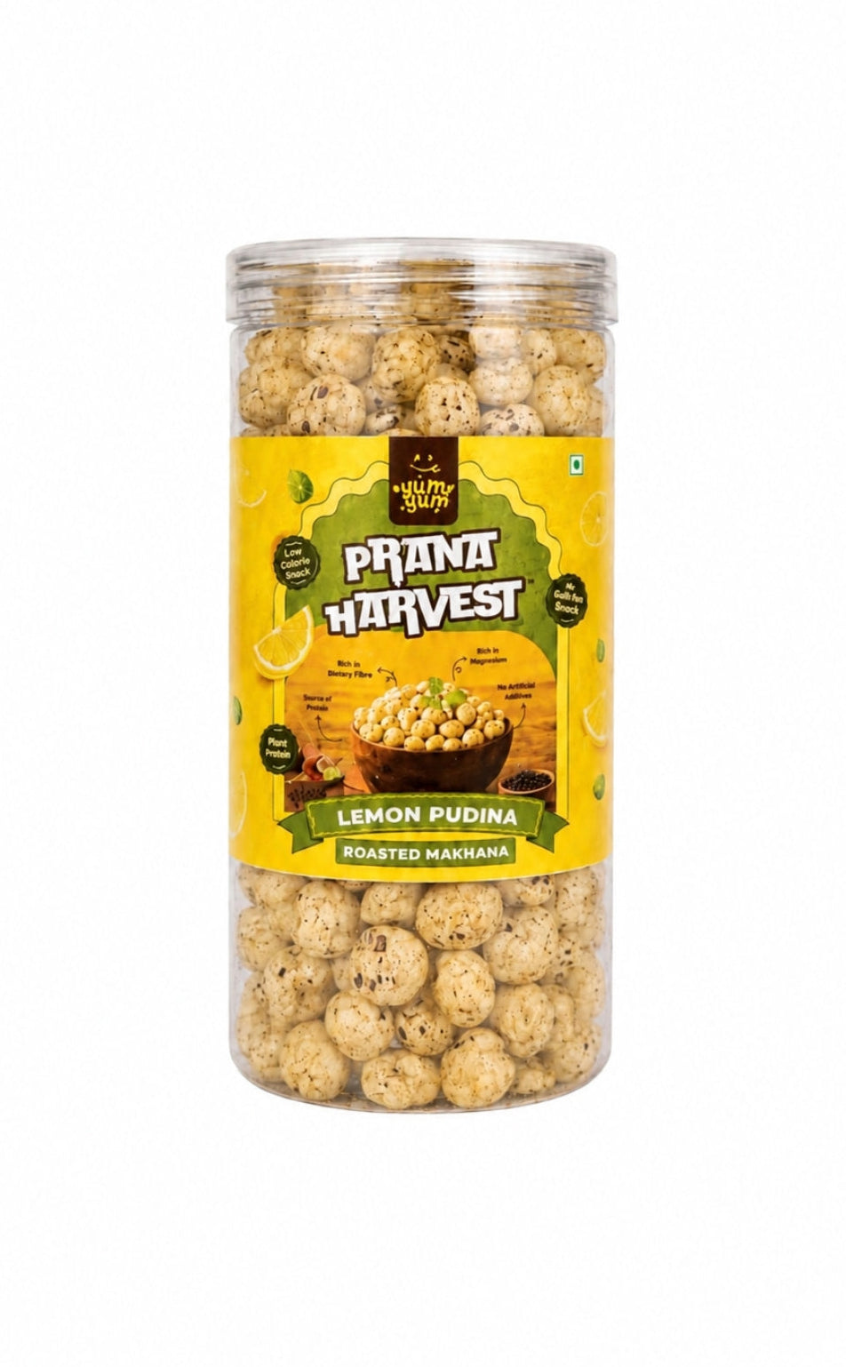 Jar of Prana Harvest lemon pudina roasted flavoured makhana